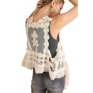 Umgee Small/Med Boho Style Ivory Lace Ruffle Crop Vest Cottagecore